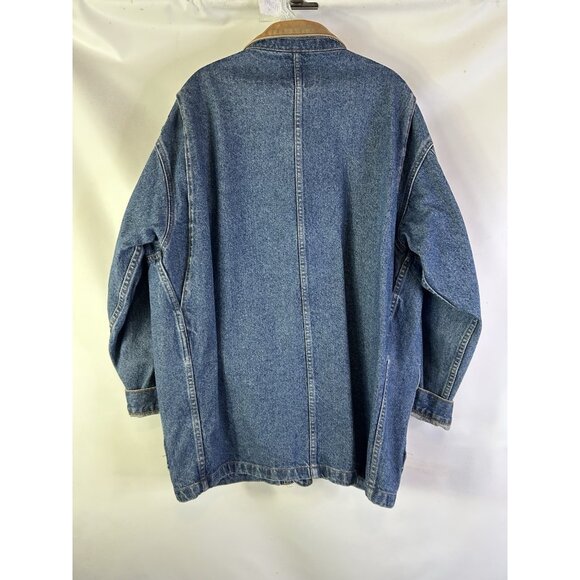 Vintage 90s Leather Collar Denim Jean Trucker Jacket Barn Chore Coat - Picture 8 of 13